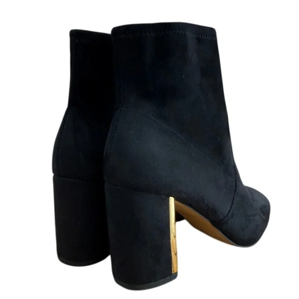 Coach Suede Sock Ankle Boot Women 9 Gold Logo Block Heel Luxe Chic Romantic Noir